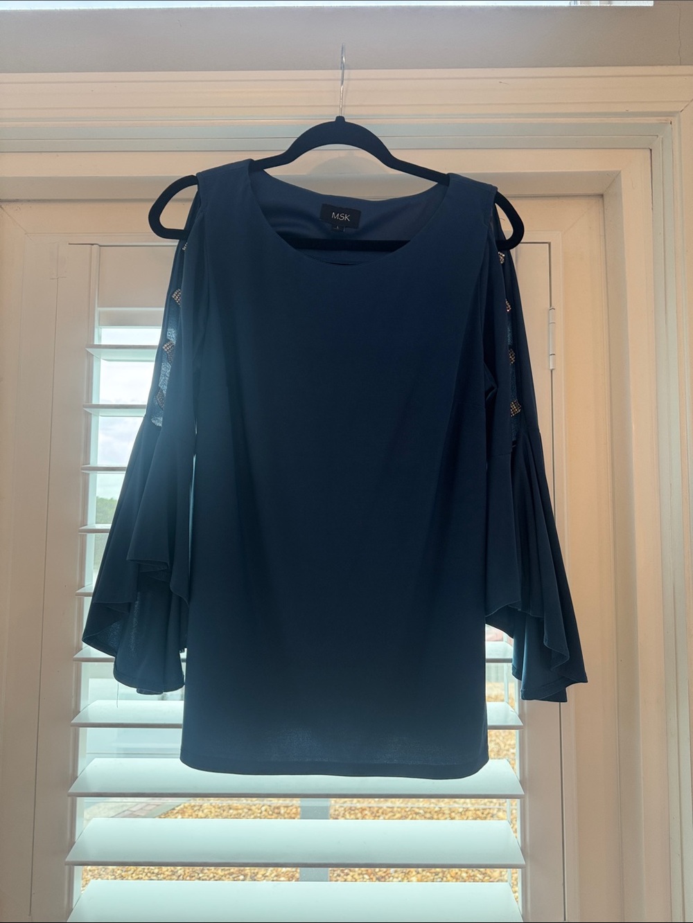 MSK Navy Cold-Shoulder Bell-Sleeve Blouse Top Large